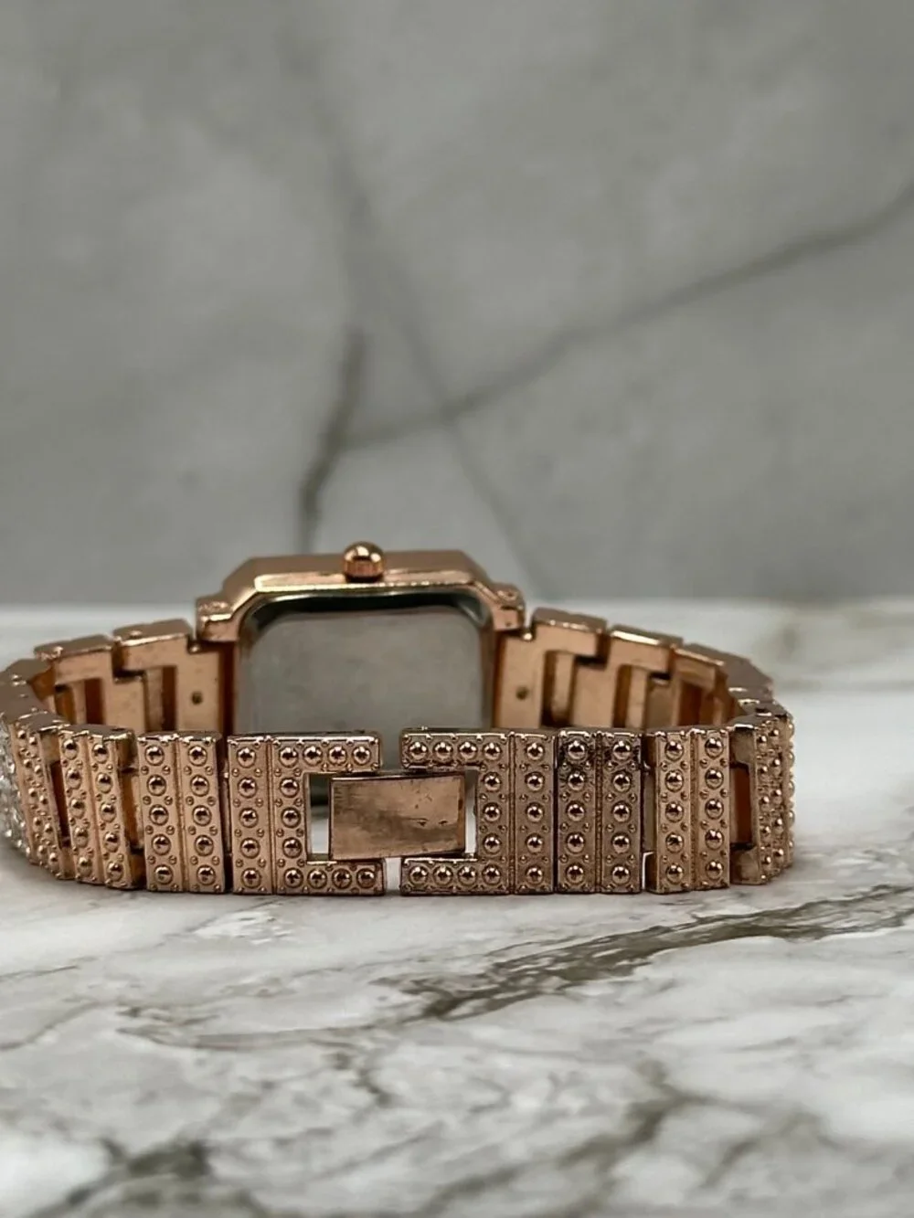 Rose Gold Tone Rhinestone Watch Womens Square Dial 20MM New Battery 6.5 Inch